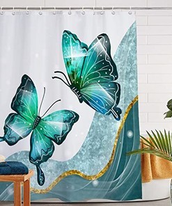 White and Blue Butterfly Shower Curtain, Modern Bathroom Curtains Set