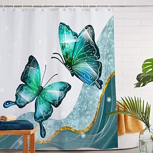 White and Blue Butterfly Shower Curtain, Modern Bathroom Curtains Set
