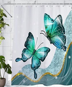 White and Blue Butterfly Shower Curtain, Modern Bathroom Curtains Set