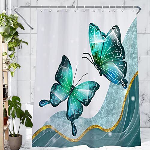 White and Blue Butterfly Shower Curtain, Modern Bathroom Curtains Set