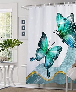 White and Blue Butterfly Shower Curtain, Modern Bathroom Curtains Set
