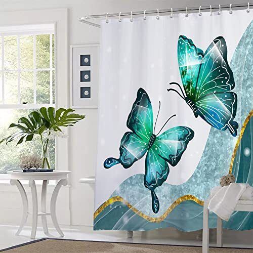 White and Blue Butterfly Shower Curtain, Modern Bathroom Curtains Set