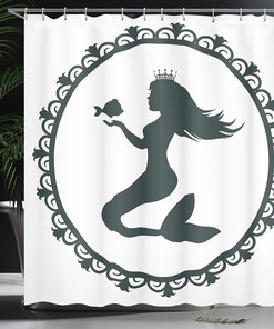 White and Dark Grey Mermaid Shower Curtain with Vintage Graphic Illustration of a Framed Cartoon Girl Crown and Fish