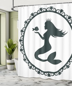 White and Dark Grey Mermaid Shower Curtain with Vintage Graphic Illustration of a Framed Cartoon Girl Crown and Fish