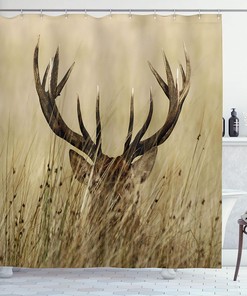 Whitetail Deer Fawn in Wilderness Shower Curtain, Countryside Hunting Cloth Bathroom Decor in Brown Sand Brown