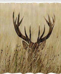 Whitetail Deer Fawn in Wilderness Shower Curtain, Countryside Hunting Cloth Bathroom Decor in Brown Sand Brown