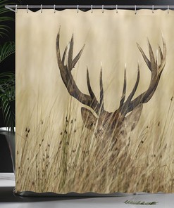 Whitetail Deer Fawn in Wilderness Shower Curtain, Countryside Hunting Cloth Bathroom Decor in Brown Sand Brown