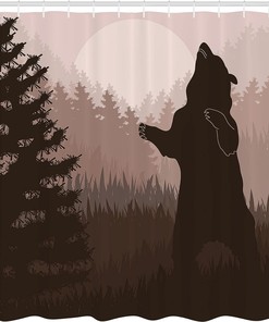 Wild Bear Jungle Silhouette Night Nautical Shower Curtain Green Peach Bathroom Decor
