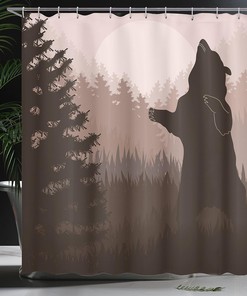 Wild Bear Jungle Silhouette Night Nautical Shower Curtain Green Peach Bathroom Decor