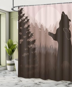 Wild Bear Jungle Silhouette Night Nautical Shower Curtain Green Peach Bathroom Decor