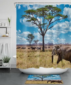Wild Bison Elephant African Grassland Shower Curtain for Bathroom Decor 