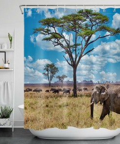 Wild Bison Elephant African Grassland Shower Curtain for Bathroom Decor