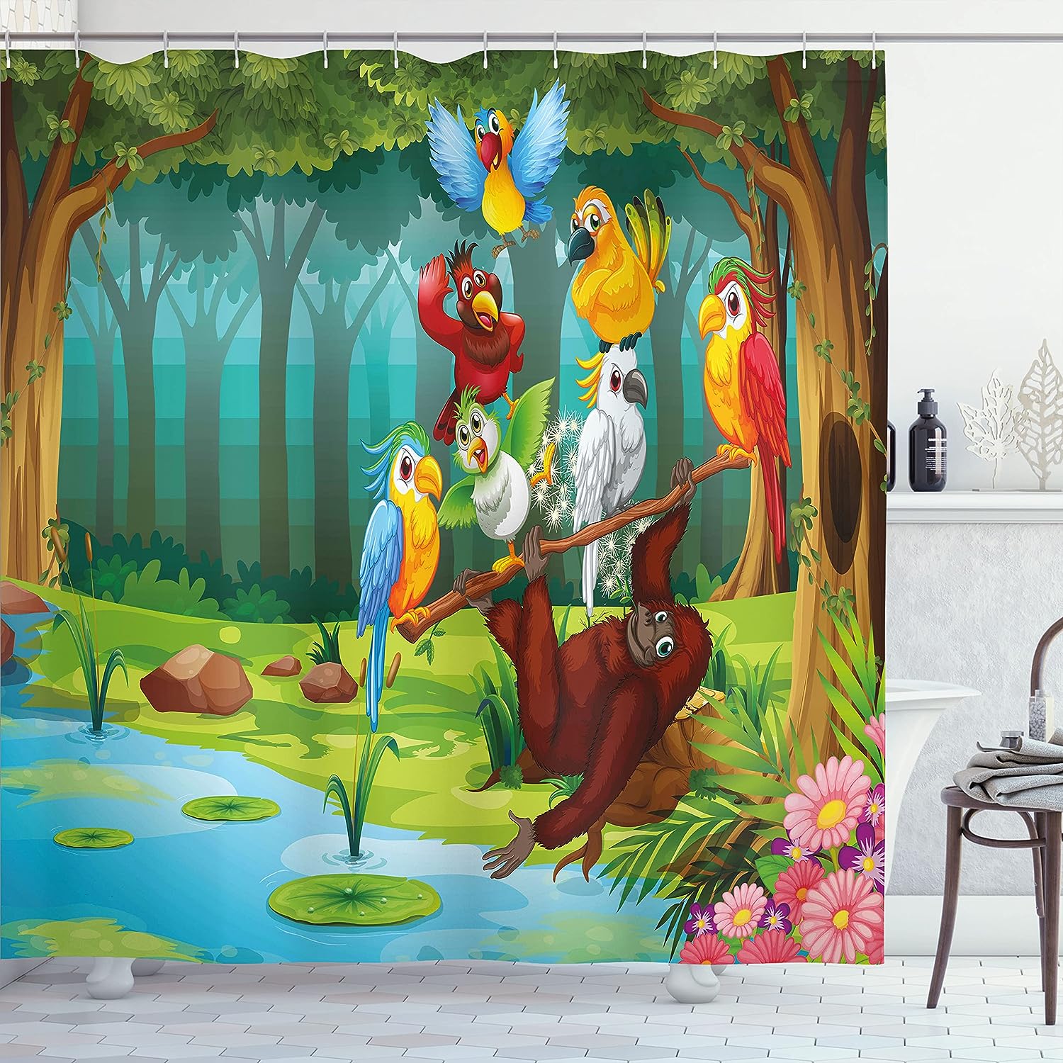 Wild Chimpanzee Shower Curtain with Exotic Birds and Parrot Animal Print for Bathroom Decor