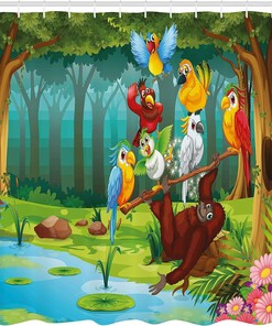 Wild Chimpanzee Shower Curtain with Exotic Birds and Parrot Animal Print for Bathroom Decor