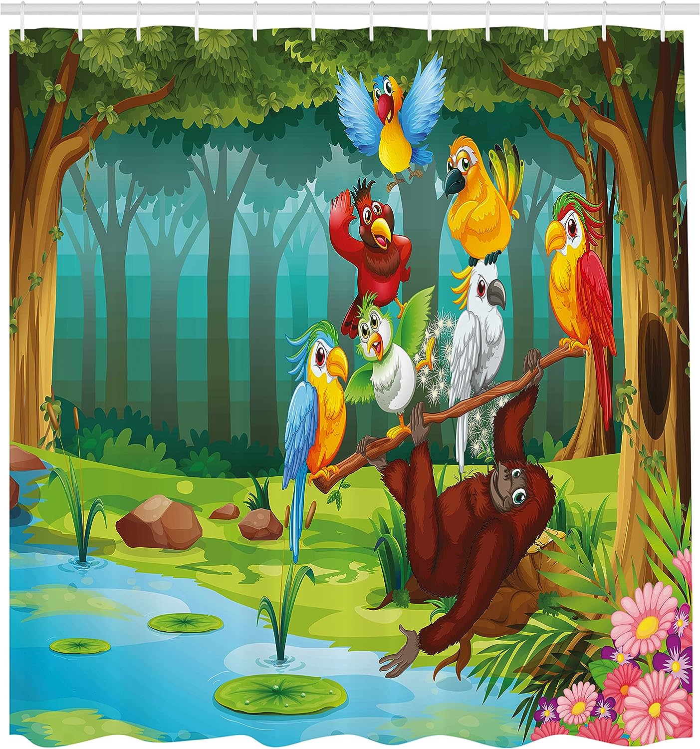 Wild Chimpanzee Shower Curtain with Exotic Birds and Parrot Animal Print for Bathroom Decor
