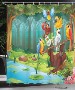 Wild Chimpanzee Shower Curtain with Exotic Birds and Parrot Animal Print for Bathroom Decor