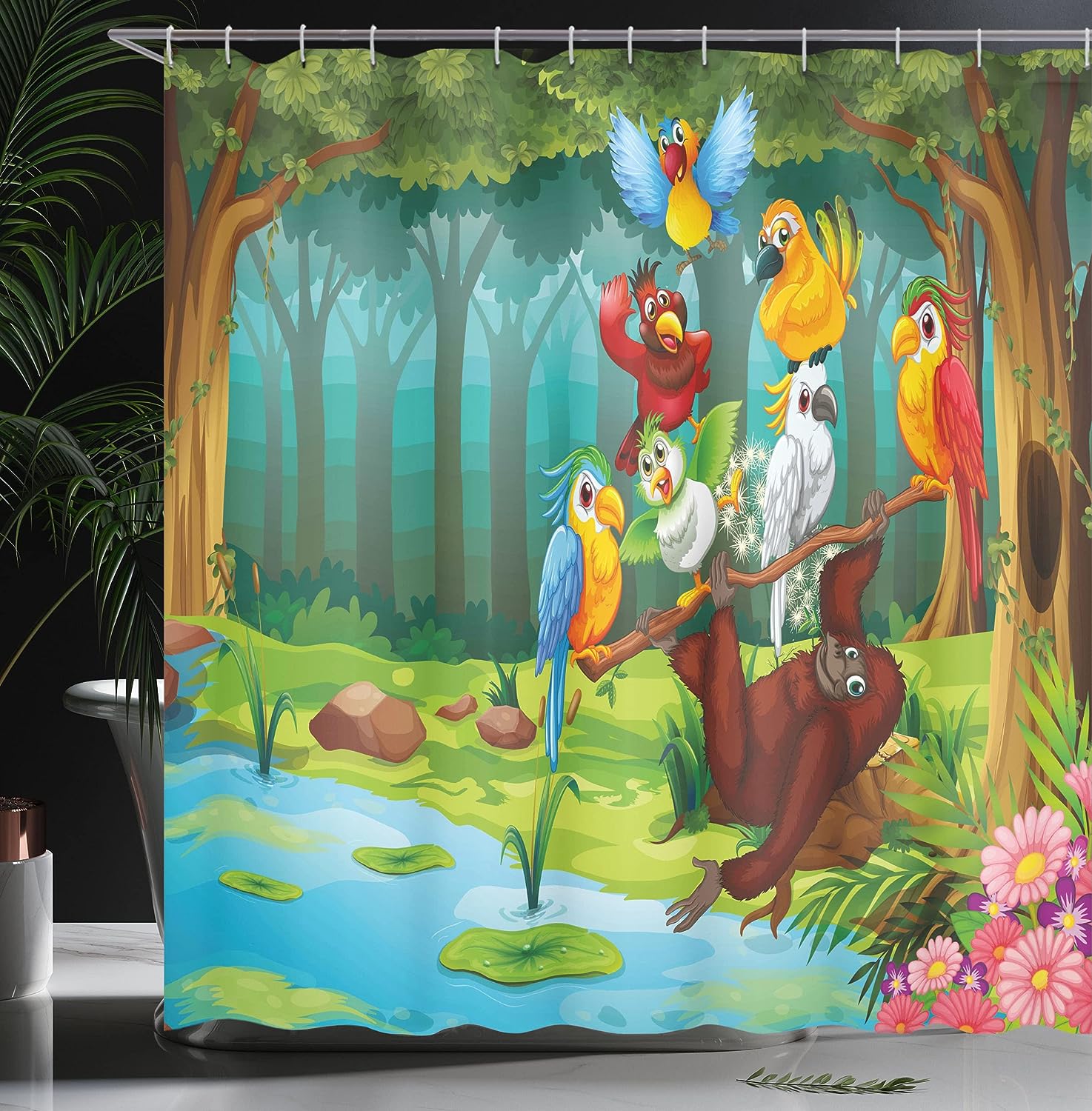 Wild Chimpanzee Shower Curtain with Exotic Birds and Parrot Animal Print for Bathroom Decor