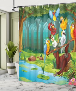Wild Chimpanzee Shower Curtain with Exotic Birds and Parrot Animal Print for Bathroom Decor