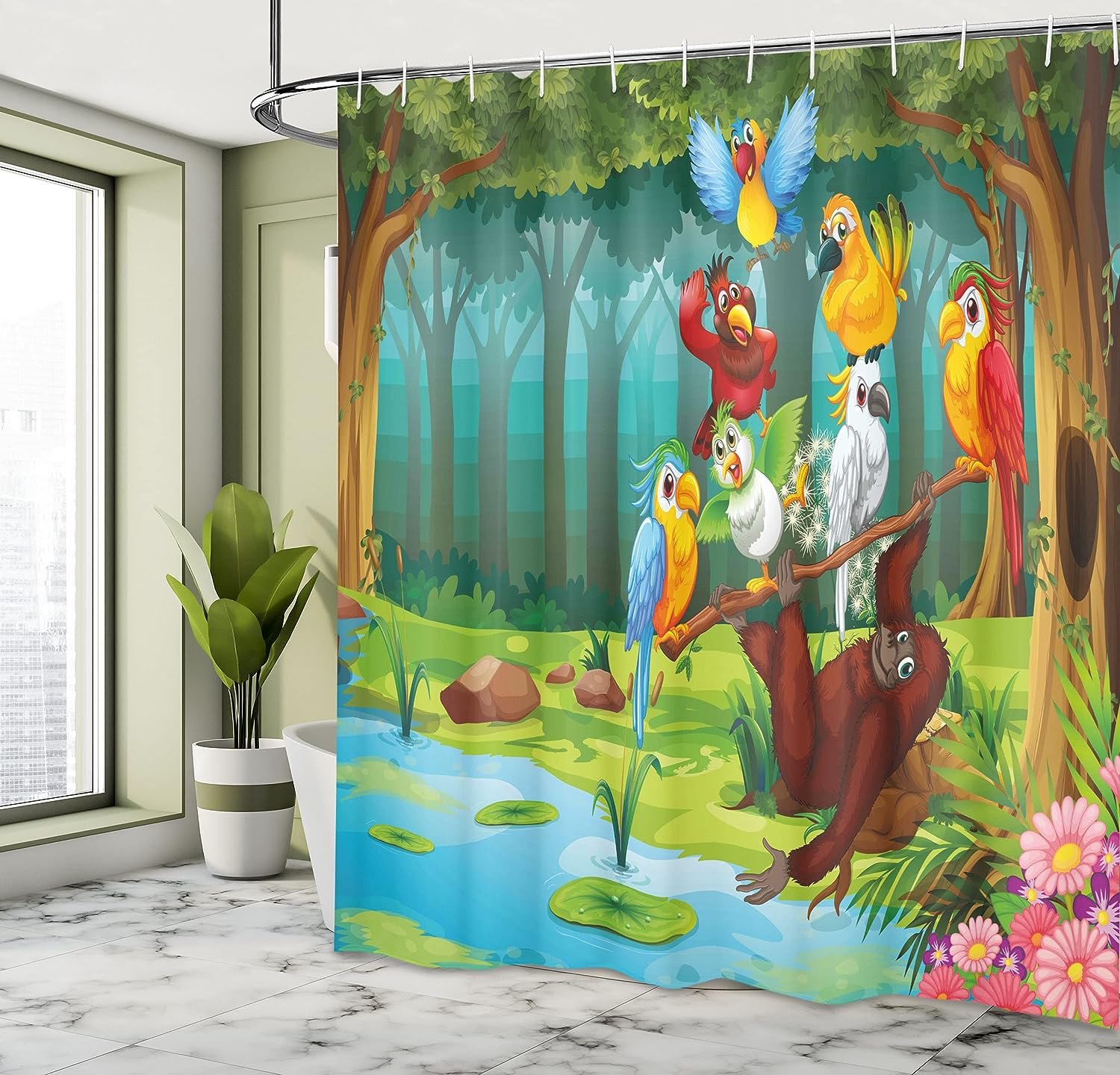 Wild Chimpanzee Shower Curtain with Exotic Birds and Parrot Animal Print for Bathroom Decor