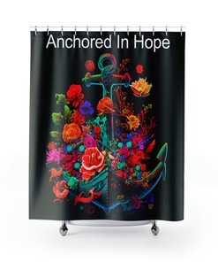 Wild Flowers Nautical Boat Anchor Shower Curtain - Anchored In Hope with Sophisticated Black Fabric and Bright Floral Print 