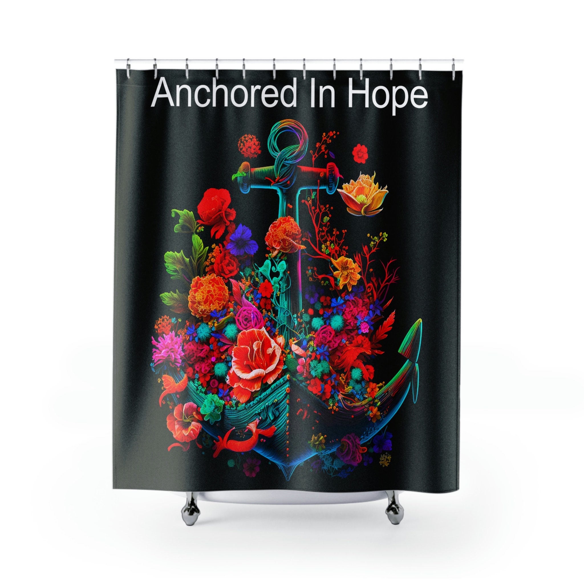 Wild Flowers Nautical Boat Anchor Shower Curtain - Anchored In Hope with Sophisticated Black Fabric and Bright Floral Print
