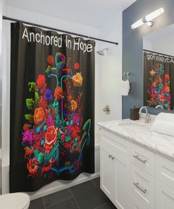 Wild Flowers Nautical Boat Anchor Shower Curtain - Anchored In Hope with Sophisticated Black Fabric and Bright Floral Print