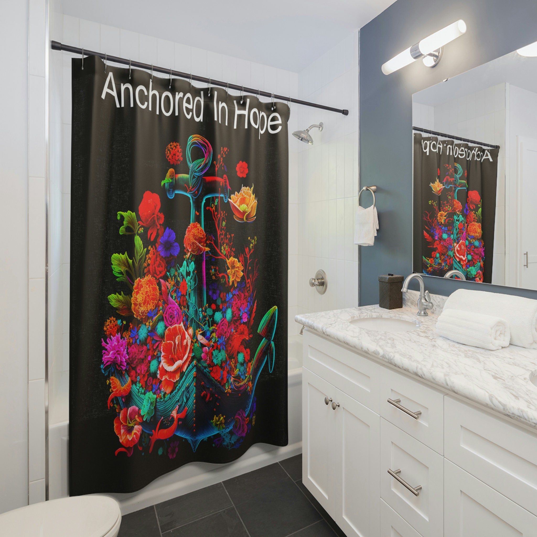 Wild Flowers Nautical Boat Anchor Shower Curtain - Anchored In Hope with Sophisticated Black Fabric and Bright Floral Print
