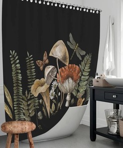 Wild Mushrooms and Plants Print Shower Curtain for Modern Bathroom Decor