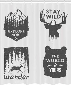 Wilderness Emblems Shower Curtain, Stay Wild Wander The World Cloth Bathroom Decor, Grey