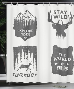 Wilderness Emblems Shower Curtain, Stay Wild Wander The World Cloth Bathroom Decor, Grey
