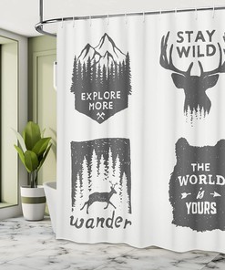 Wilderness Emblems Shower Curtain, Stay Wild Wander The World Cloth Bathroom Decor, Grey