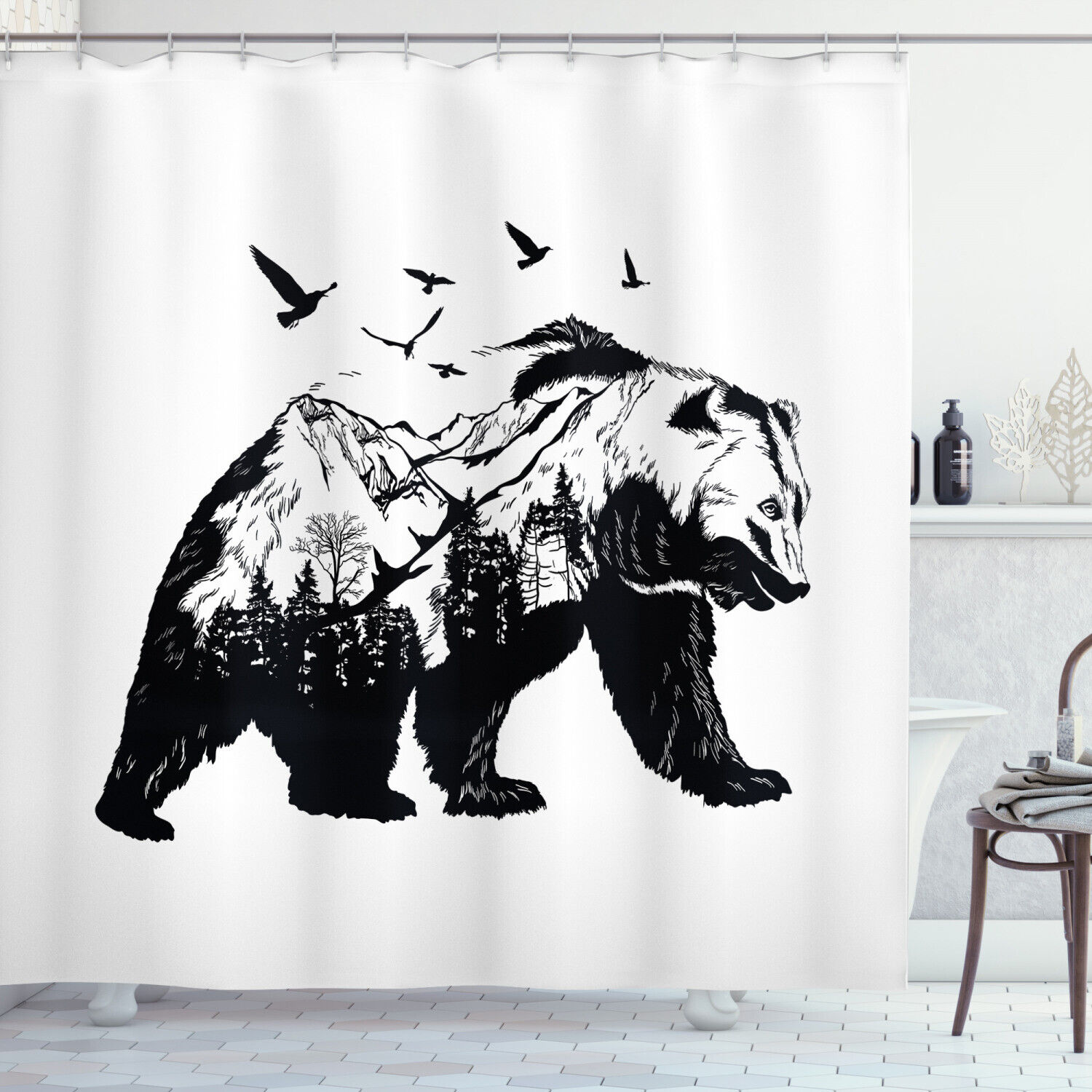Wildlife Mammal Silhouette Shower Curtain with Bear Print for Bathroom