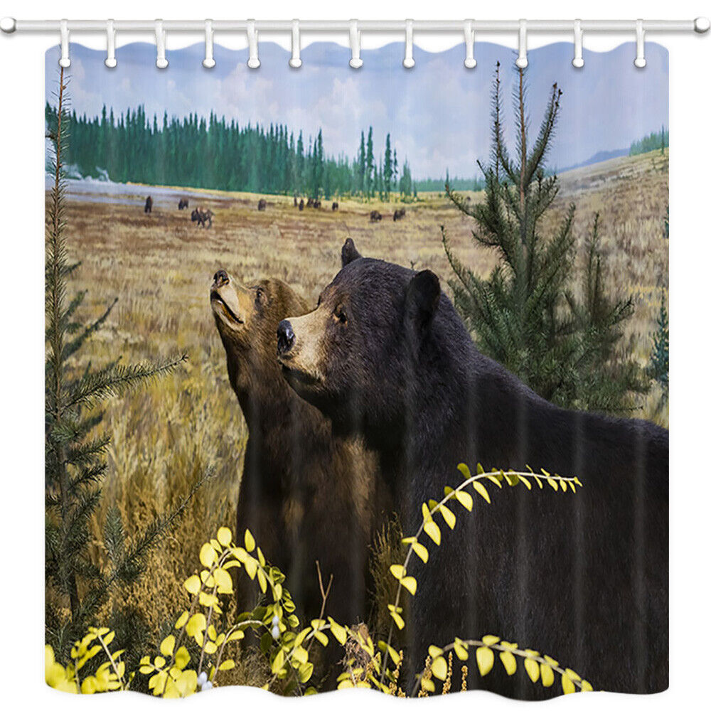 Wildlife Nature Fabric Shower Curtain with Bear Couple Design