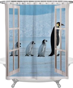 Window View of Antarctic Penguin Shower Curtain - Scenic Bathroom Decor