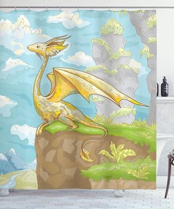 Winged Dragon Cloth Fabric Shower Curtain, Hand Drawn Landscape for Room Design, Bathroom Decor