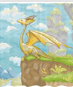 Winged Dragon Cloth Fabric Shower Curtain, Hand Drawn Landscape for Room Design, Bathroom Decor