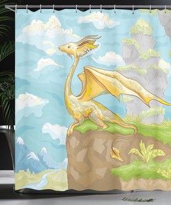 Winged Dragon Cloth Fabric Shower Curtain, Hand Drawn Landscape for Room Design, Bathroom Decor