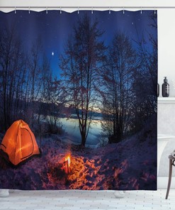 Winter Camp Shower Curtain, Tent in Night Nature Trekking Print in Blue Orange Bathroom Decor