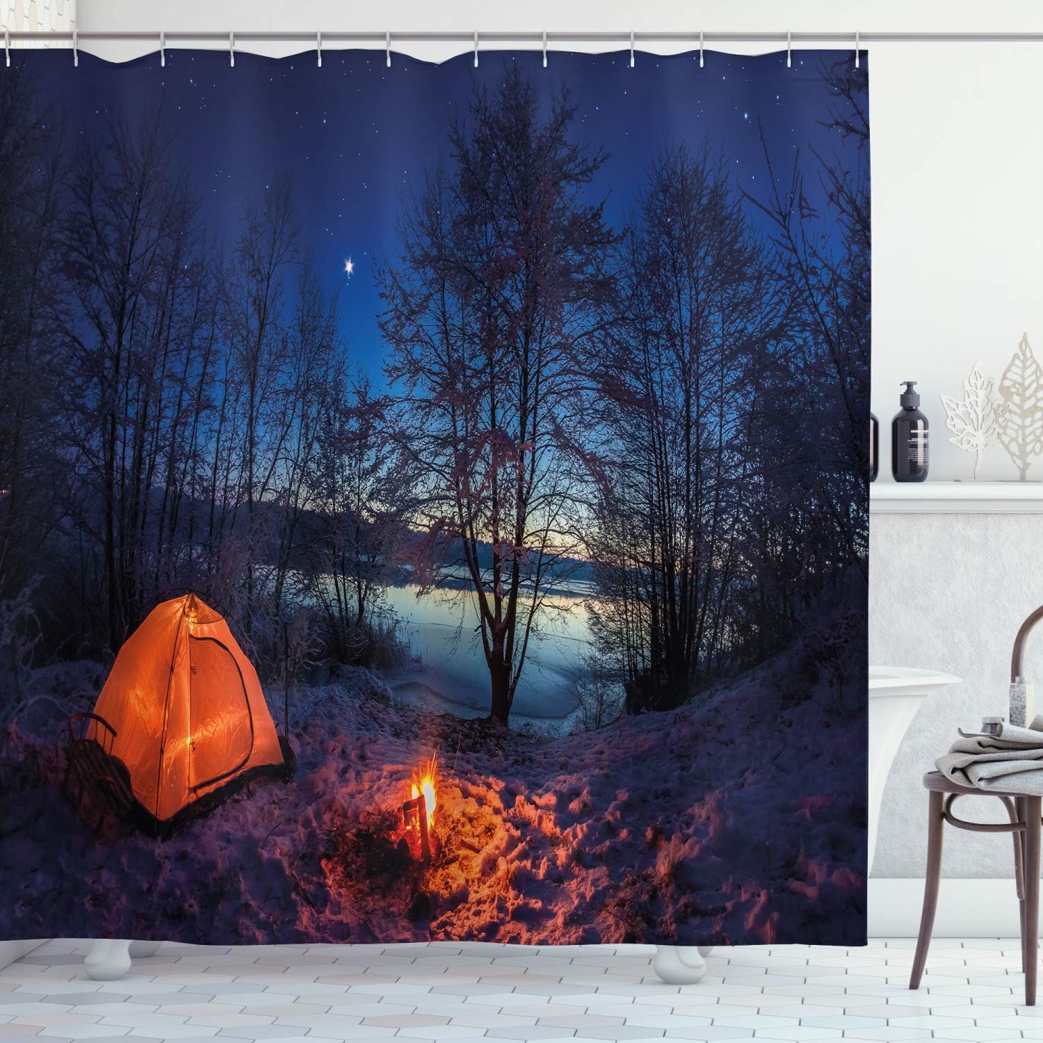 Winter Camp Shower Curtain, Tent in Night Nature Trekking Print in Blue Orange Bathroom Decor