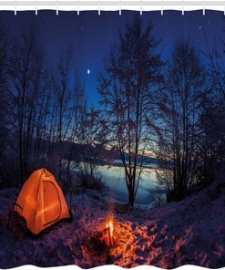 Winter Camp Shower Curtain, Tent in Night Nature Trekking Print in Blue Orange Bathroom Decor