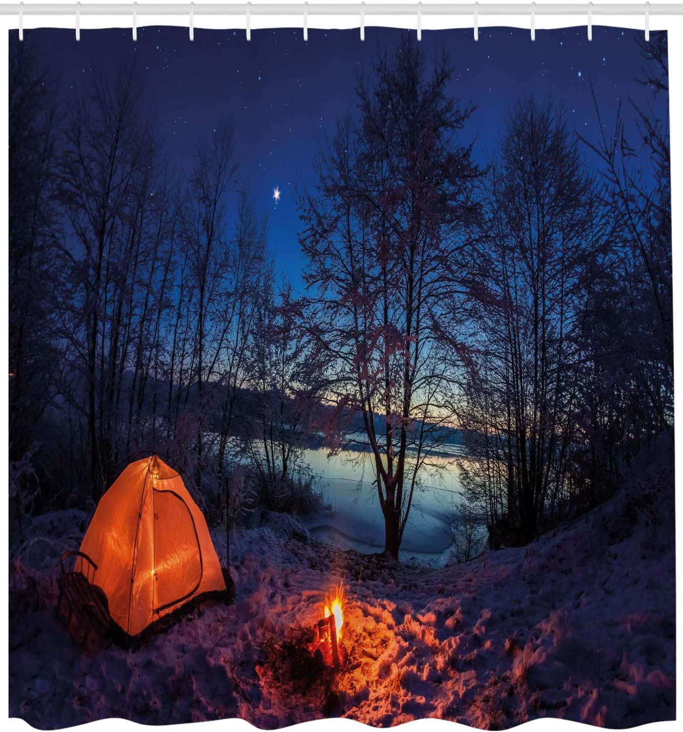 Winter Camp Shower Curtain, Tent in Night Nature Trekking Print in Blue Orange Bathroom Decor