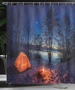 Winter Camp Shower Curtain, Tent in Night Nature Trekking Print in Blue Orange Bathroom Decor