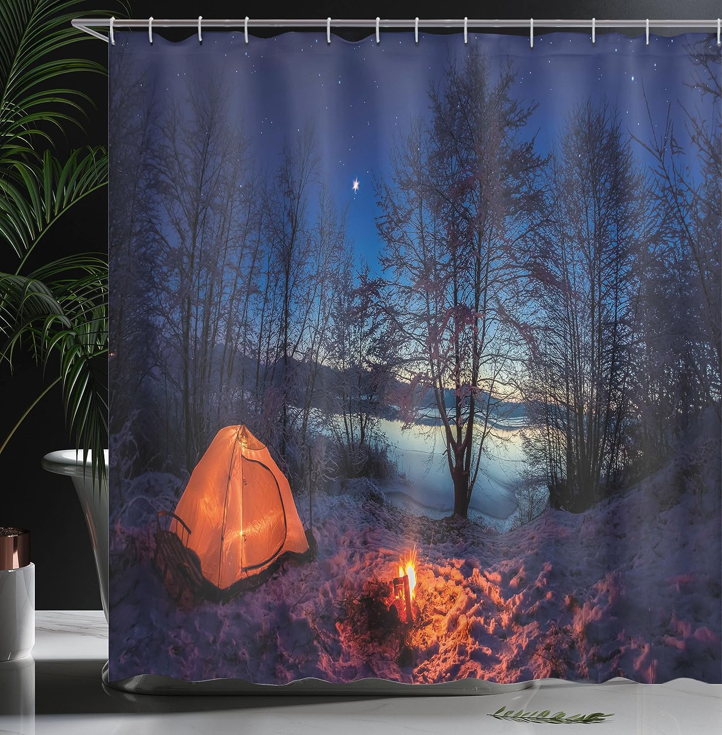 Winter Camp Shower Curtain, Tent in Night Nature Trekking Print in Blue Orange Bathroom Decor