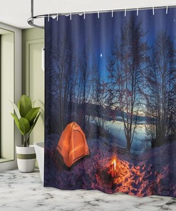 Winter Camp Shower Curtain, Tent in Night Nature Trekking Print in Blue Orange Bathroom Decor