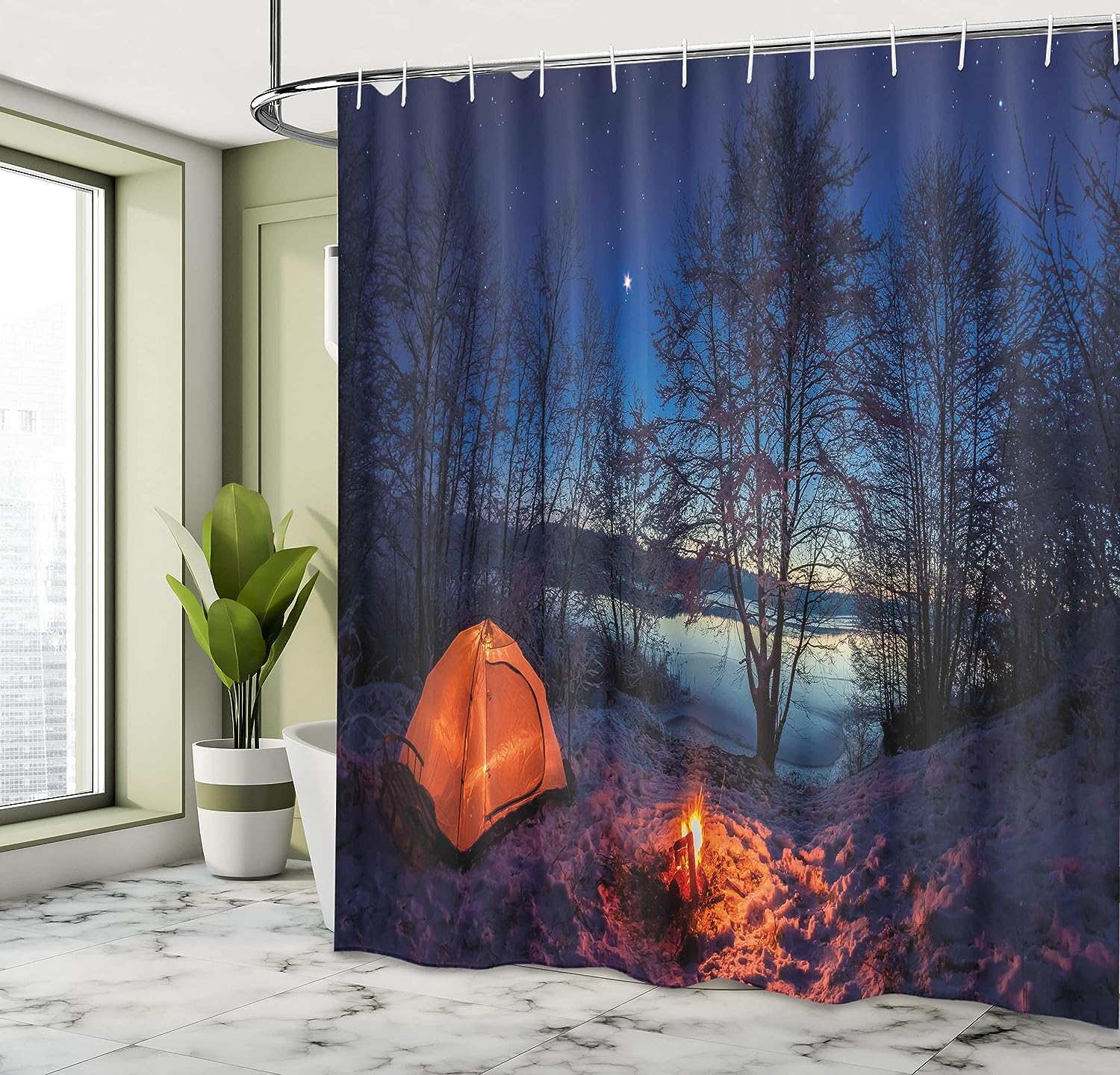 Winter Camp Shower Curtain, Tent in Night Nature Trekking Print in Blue Orange Bathroom Decor