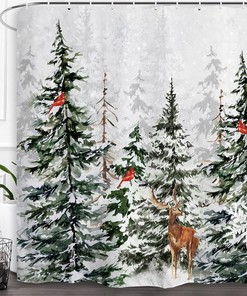 Winter Forest Shower Curtain - Pine Tree Cardinal Deer Snowflake Bath Curtain for Christmas Bathroom Decor