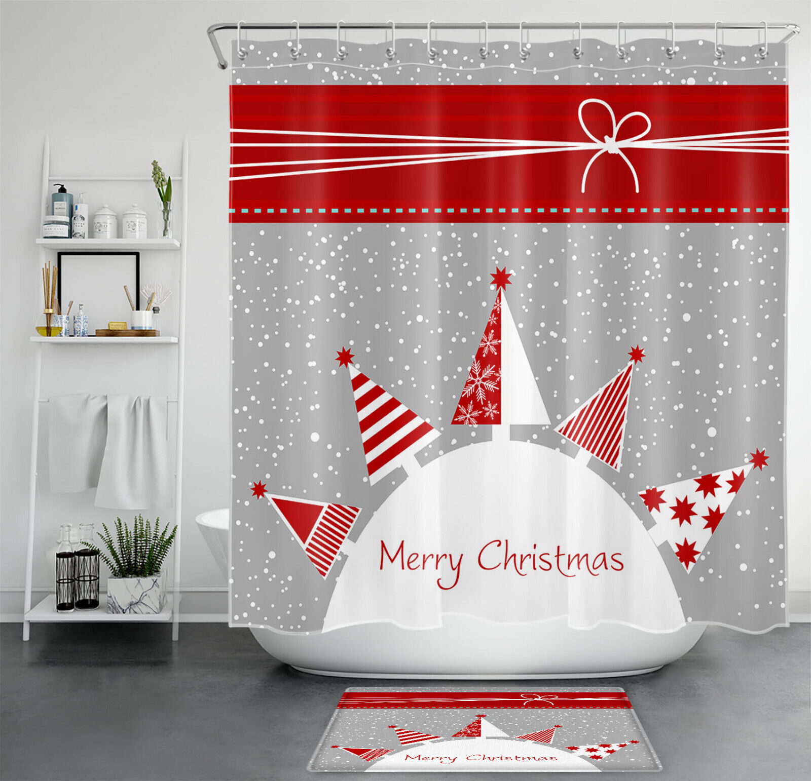 Winter Snowflake Christmas Tree Abstract Shower Curtain for Festive Bathroom Decor
