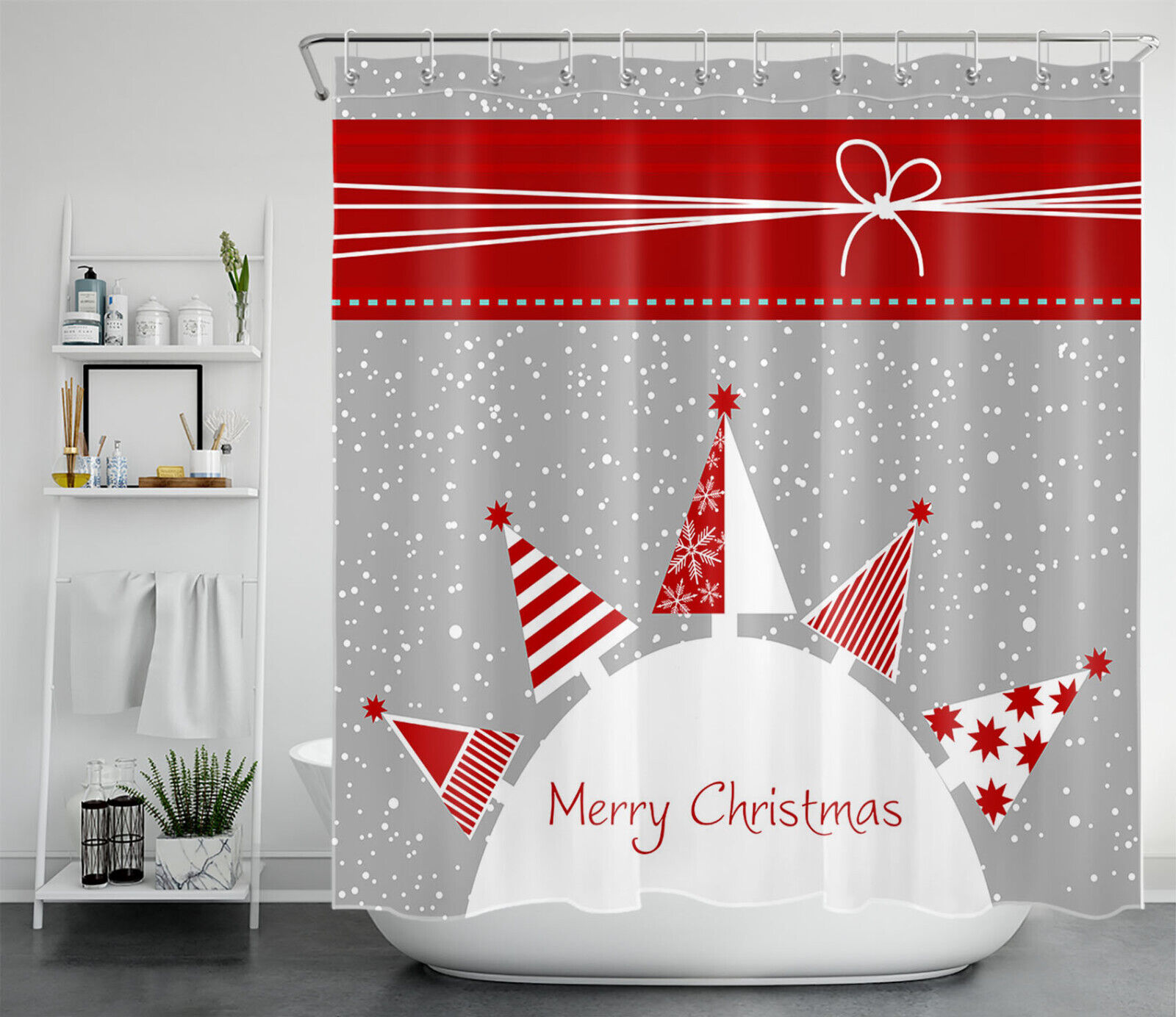 Winter Snowflake Christmas Tree Abstract Shower Curtain for Festive Bathroom Decor