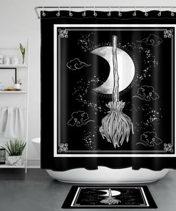 Witch Magic Broom Shower Curtain for Halloween Bathroom Decor