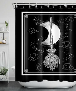 Witch Magic Broom Shower Curtain for Halloween Bathroom Decor